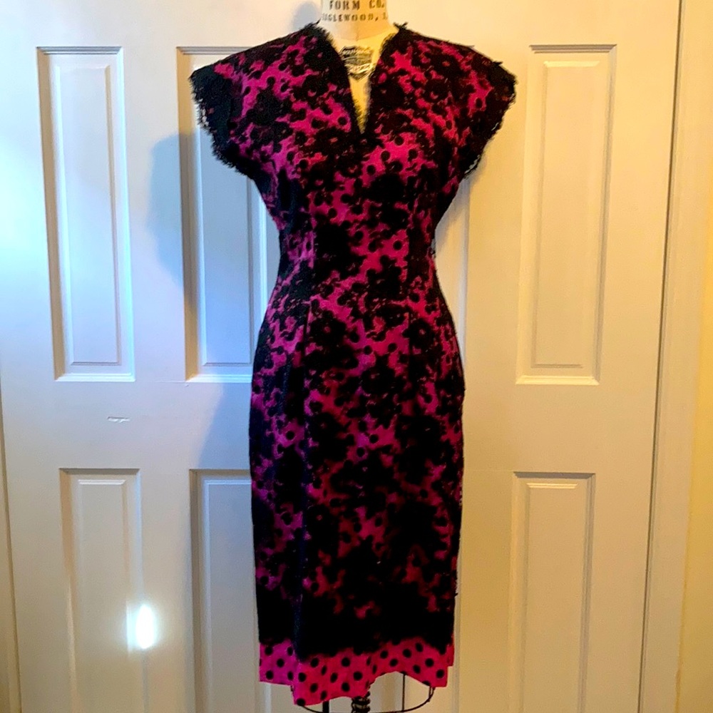 Vintage hot pink polka dot with lace overlay dress